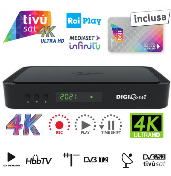 Decoder Combo Tivùsat Ultra UHD 4K Digiquest Q60 Card Tivusat Inclusa DVB-T2/S2