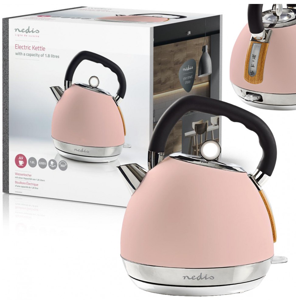Nedis Bollitore elettrico Vintage 1,8 Litri Filtro Protezione a Seco morbido al tatto Rosa 2200 Watt