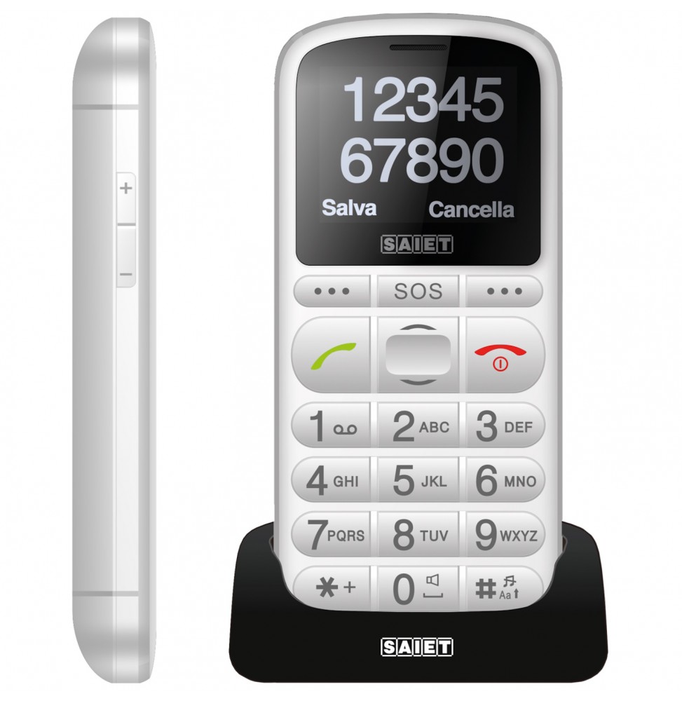 Saiet PRONTO MAX – Cellulare per Anziani con Tasti Grandi, SOS, Tasti Parlanti e Base di Ricarica Bianco