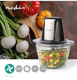 Nedis Tritatutto Elettrico 500W Contenitore Vetro 1L Lama Acciaio Inox Nero