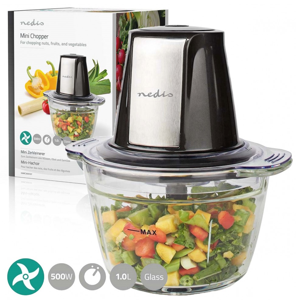 Nedis Tritatutto Elettrico 500W Contenitore Vetro 1L Lama Acciaio Inox Nero