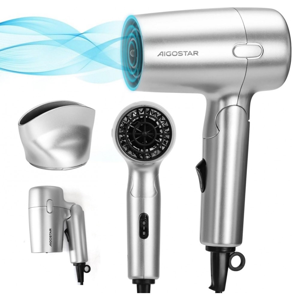 Aigostar Asciugacapelli da Viaggio Professionale Pieghevole 1200Watt Argento