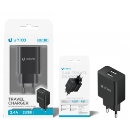 Unico Caricabatteria Rete 2.4A Doppia Porta USB-A Smart Charge Nero ABS﻿