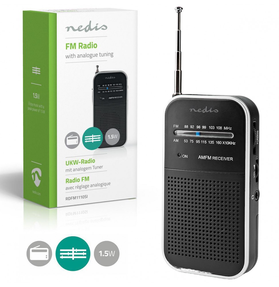 Nedis Radio FM AM Portatile Analogica Tascabile con Speaker e Uscita Cuffie