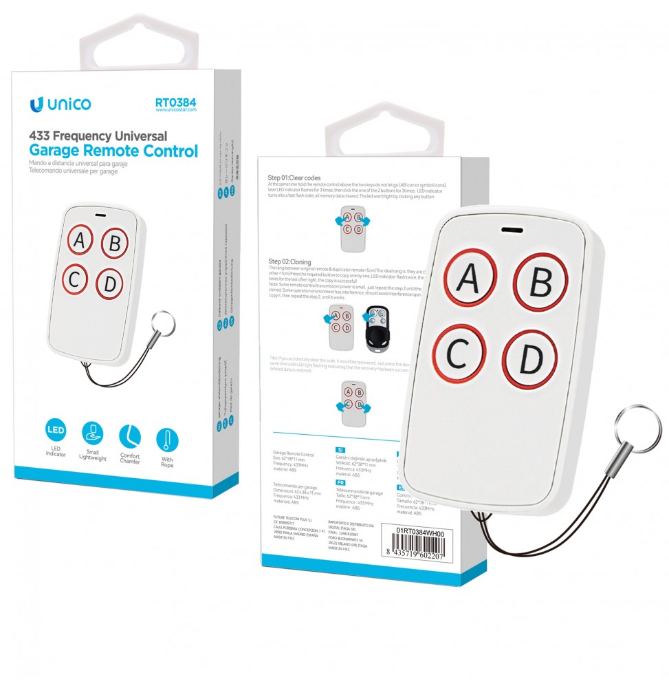 Unico Telecomando Universale Cancelli 4 Canali Auto-Scan 433MHz Codice Fisso