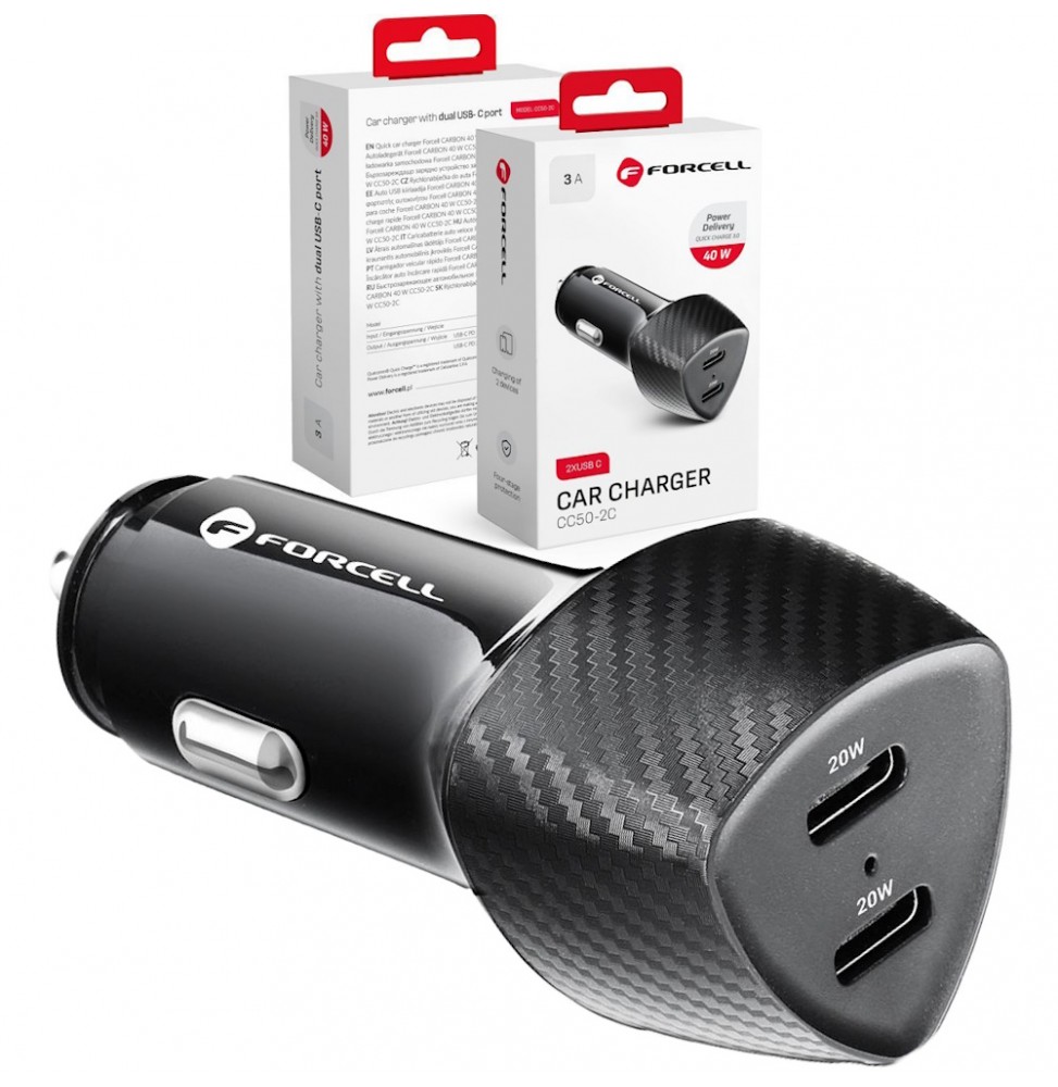 Forcell Caricabatteria da auto Type C 3.0 PD20W + Type C 3.0 PD20W CC50-2C nero