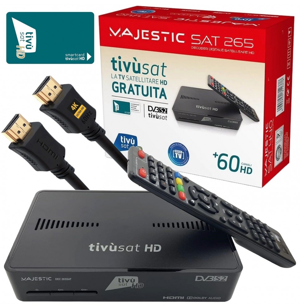 New Majestic SAT-265 Decoder Tivùsat HD Scheda Inclusa Smart Card HEVC HDMI RCA