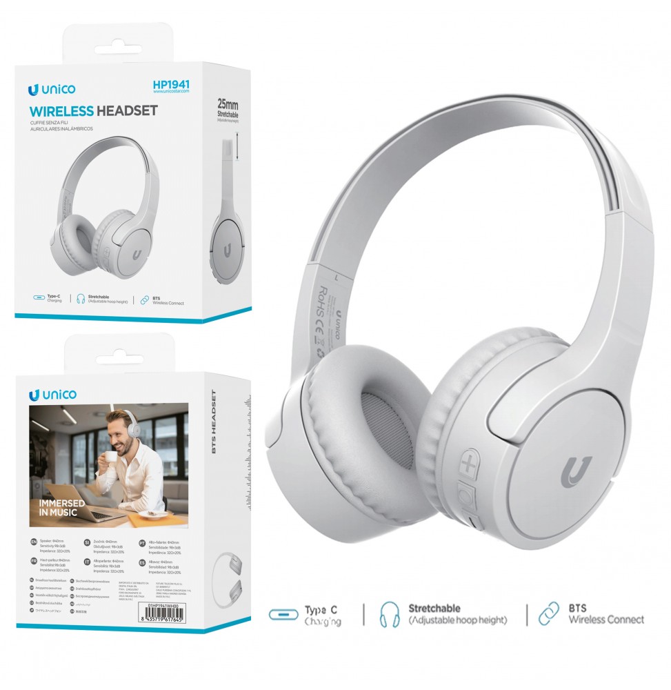 Unico HP1941 Cuffie Padiglione φ40㎜ Wireless Professionale Bluetooth 5.1 In-Ear 200mah