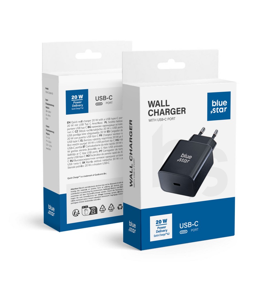 Blue Star Caricatore Rapido universale USB C - 3A 20W  PD e QC 4.0