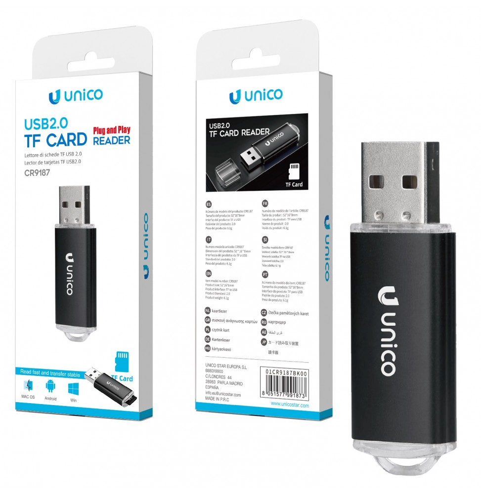 Unico Lettore SD Card USB 2.0 Plug and Play Trasmissione Dati OTG Micro SD Nero