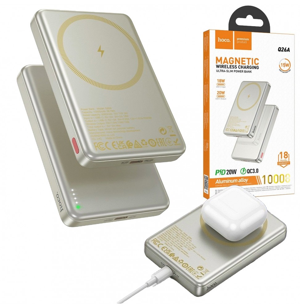 Hoco Q26A Powerbank 10000 Mah Magsafe Pd Qc 20w Ricarica Wireless Oro