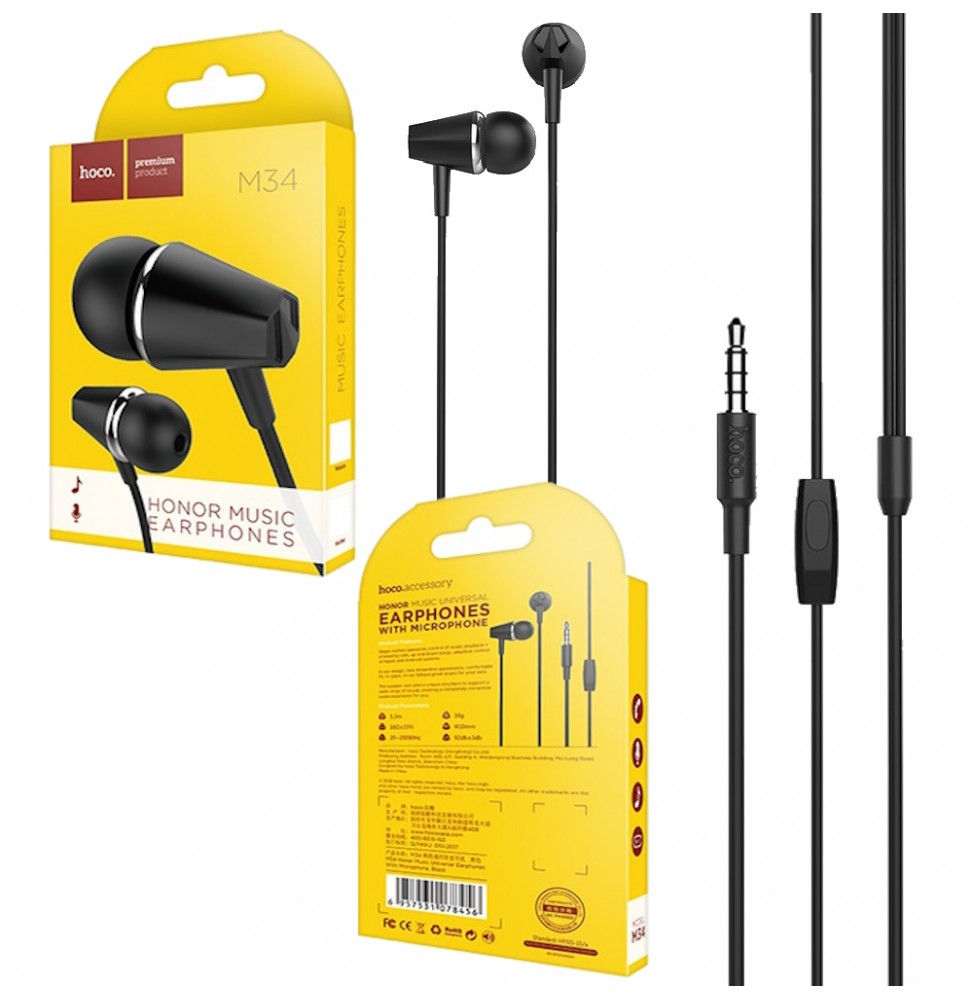 Hoco M34 Cuffie Auricolari Cablate Jack 3,5 mm Microfono Ergonomiche Sport Nere