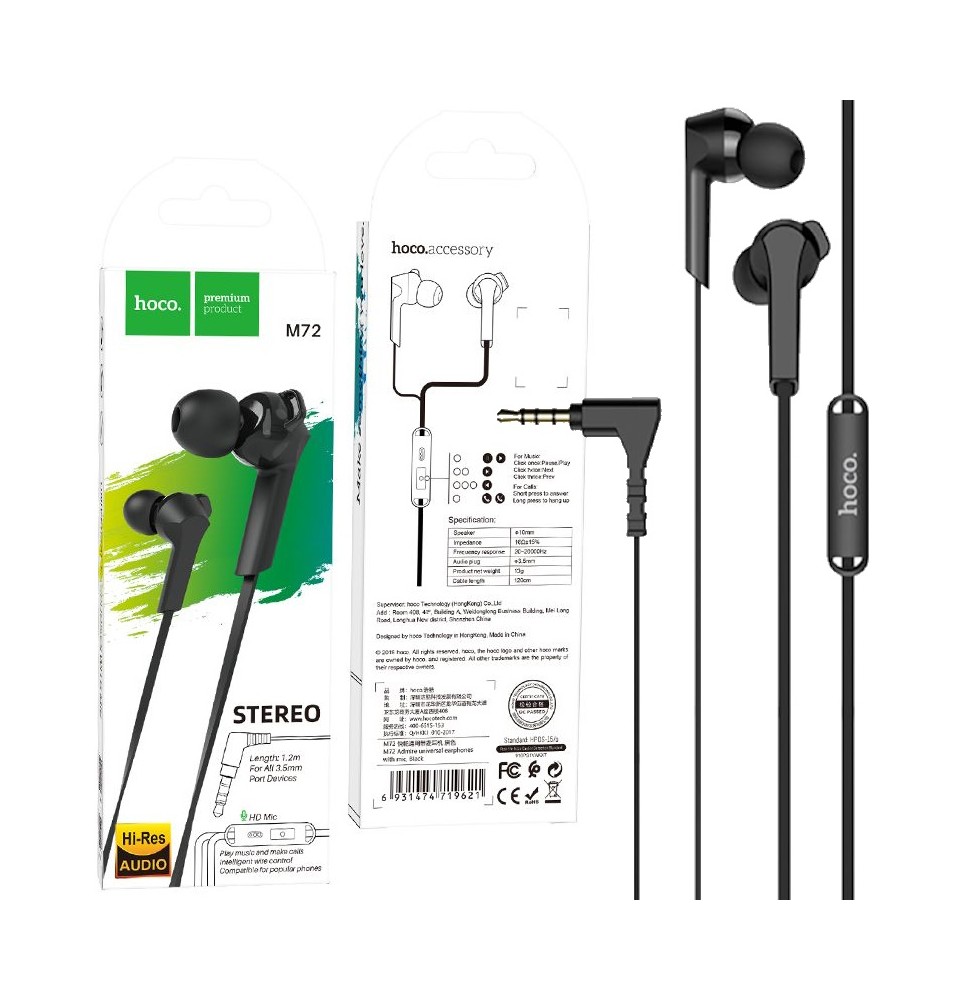 Hoco M72 Cuffie In-Ear Microfono Jack 3.5mm Universali Alta Qualità 1.2m