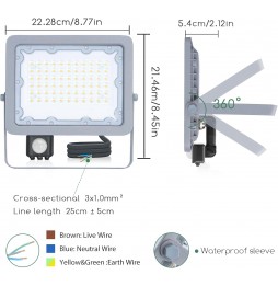 Aigostar Faro Faretto LED 50W Ultrasottile Sensore Movimento IP65 Naturale
