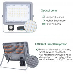 Aigostar Faro Faretto LED 50W Ultrasottile Sensore Movimento IP65 Naturale
