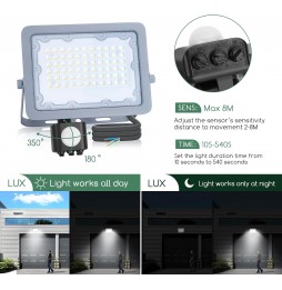 Aigostar Faro Faretto LED 50W Ultrasottile Sensore Movimento IP65 Naturale