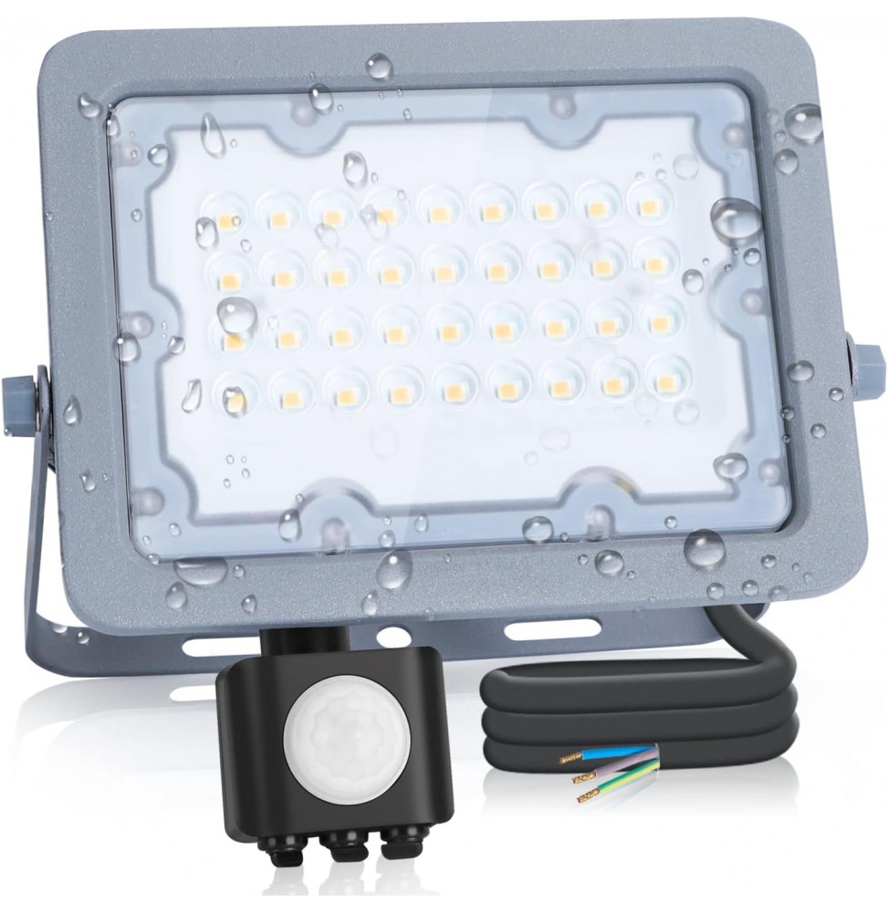 Aigostar Faro Faretto LED 50W Ultrasottile Sensore Movimento IP65 Naturale