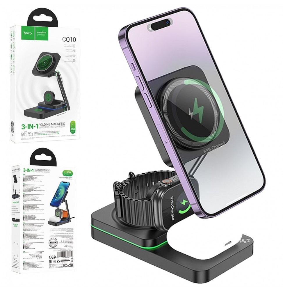Hoco CQ10 Stazione Di Ricarica Fast 3 In 1 Magsafe 15w Iphone Iwatch E Airpods