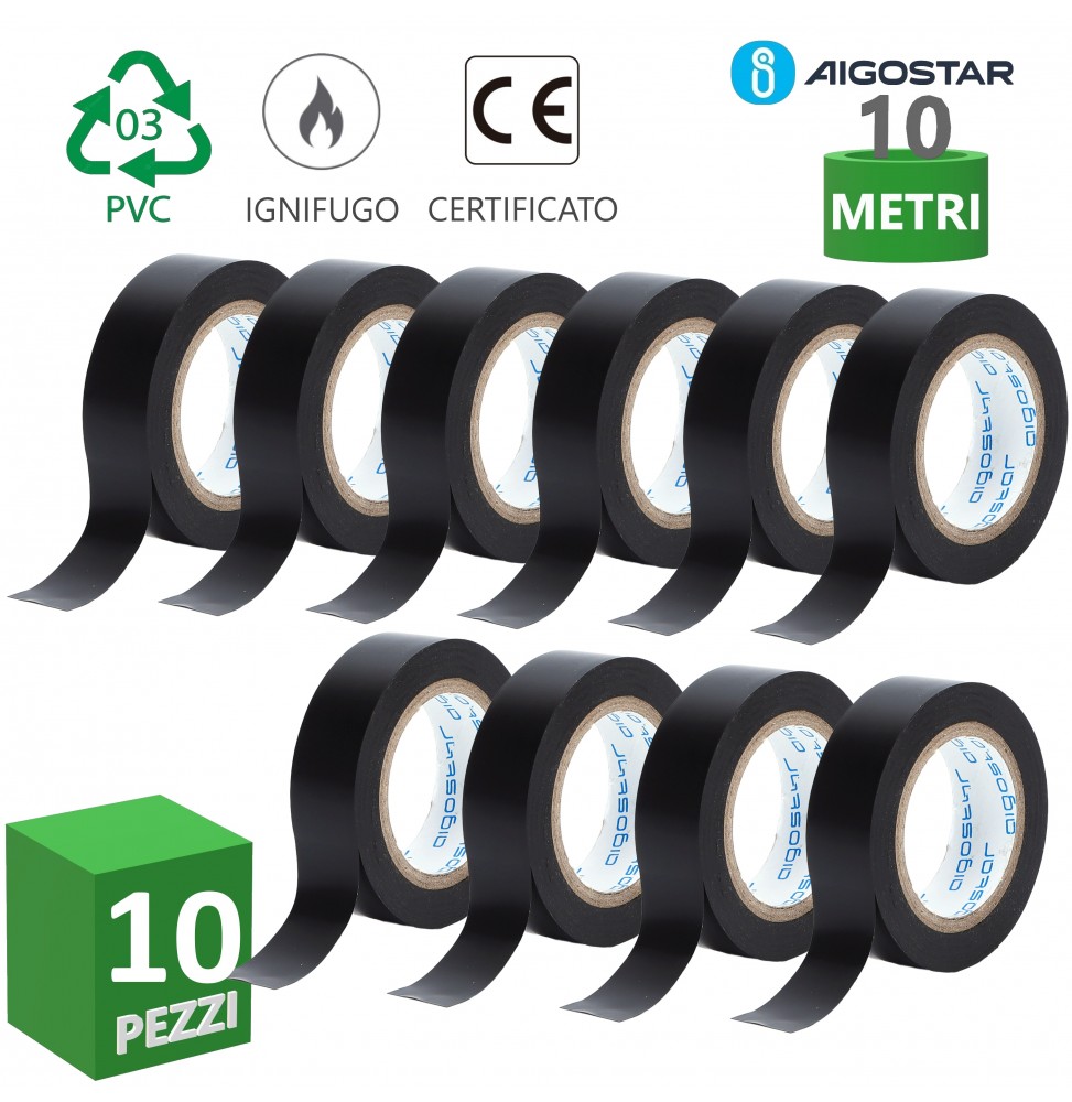 Aigostar Nastro Isolante in PVC alta qualità 10 pezzi colore nero 10 metri