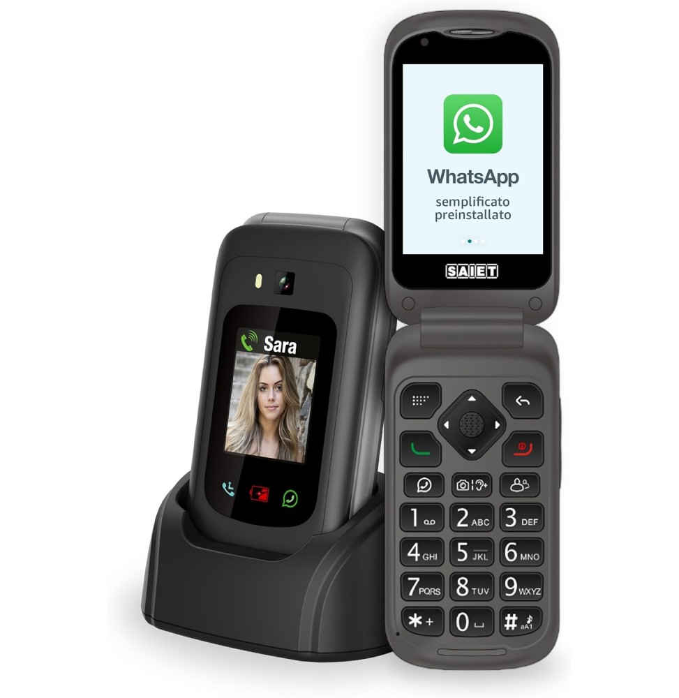 Saiet LINK 4+ Cellulare Per Anziani 4G Tasti Grandi Whatsapp Tasto SOS Android Nero