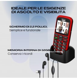Saiet MAGNUM DUE – Cellulare per Anziani con Tasti Grandi, SOS, Audio Alto e Base di Ricarica Rosso