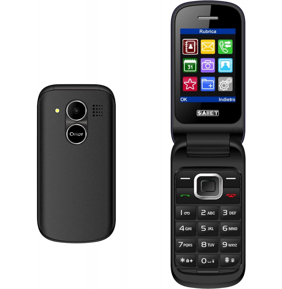 Saiet Candy – Cellulare a Conchiglia per Anziani con Tasti Grandi, SOS, Dual SIM e Ricarica Type-C Nero