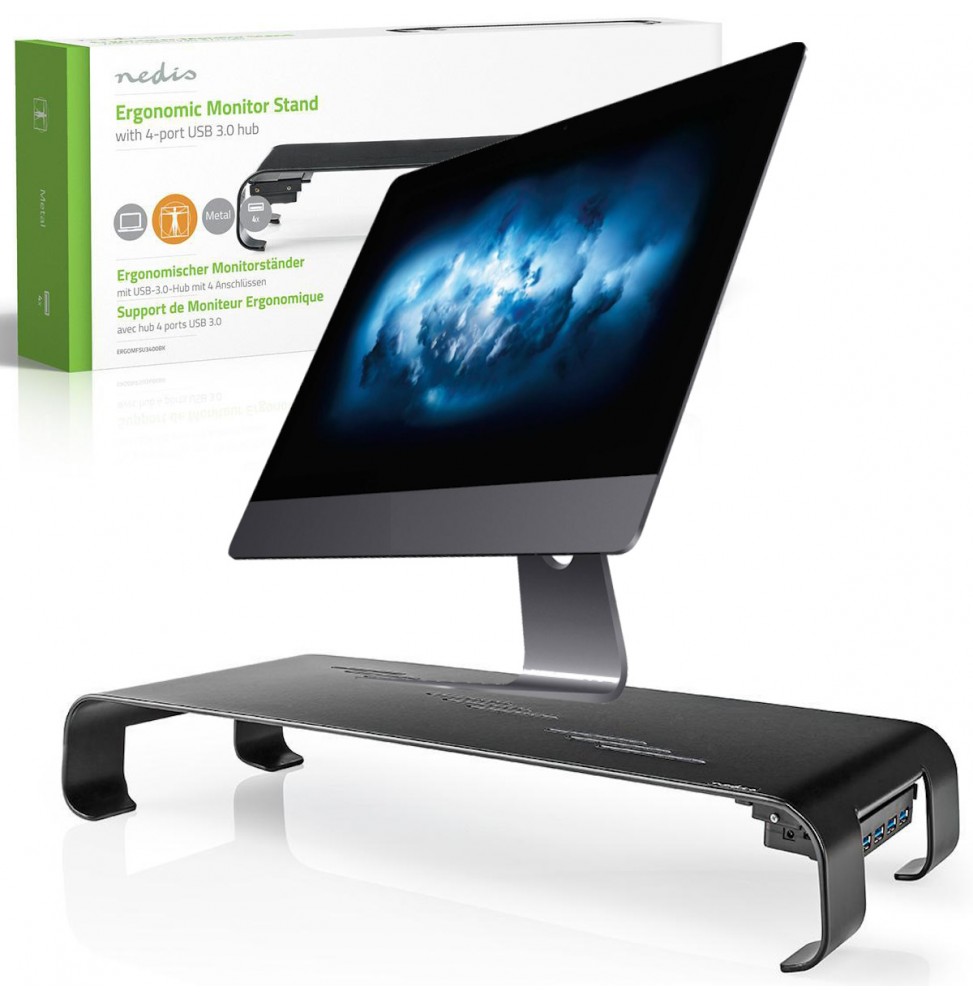 Nedis Supporto ergonomico Multifunzione con hub USB 3.0 a 4 Porte, Colore: Nero