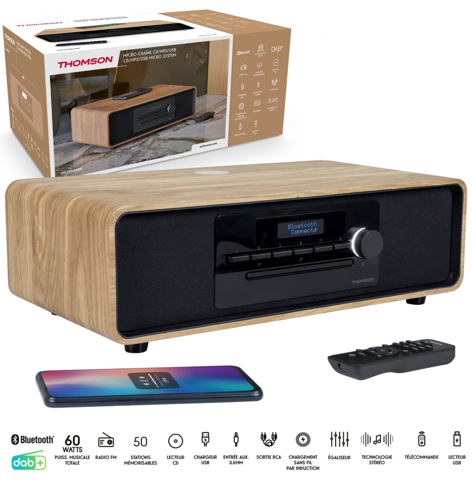 Thomson MIC300IDABBT Hi-Fi 60W DAB+ Bluetooth CD USB Ricarica Wireless Legno