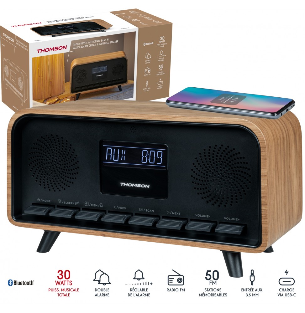 Thomson RT850BT Radio Sveglia Vintage Legno Bluetooth 5.3 30W FM USB-C AUX