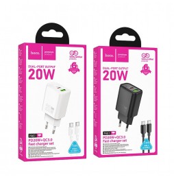 Hoco N61 Caricatore Muro 20W PD QC Dual USB A C Kit Cavo Type C 60W 1m Bianco