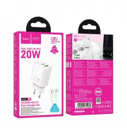 Hoco N61 Caricatore Muro 20W PD QC Dual USB A C Kit Cavo Type C 60W 1m Bianco