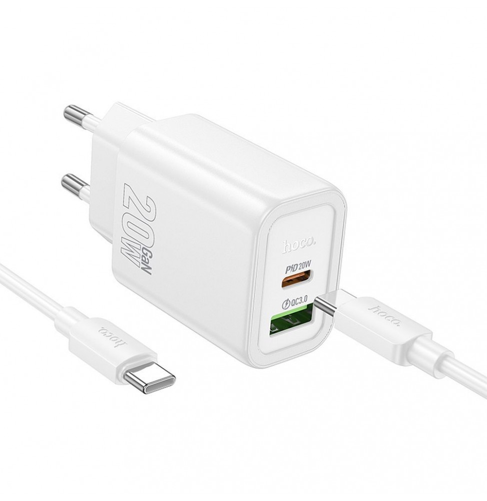 Hoco N61 Caricatore Muro 20W PD QC Dual USB A C Kit Cavo Type C 60W 1m Bianco