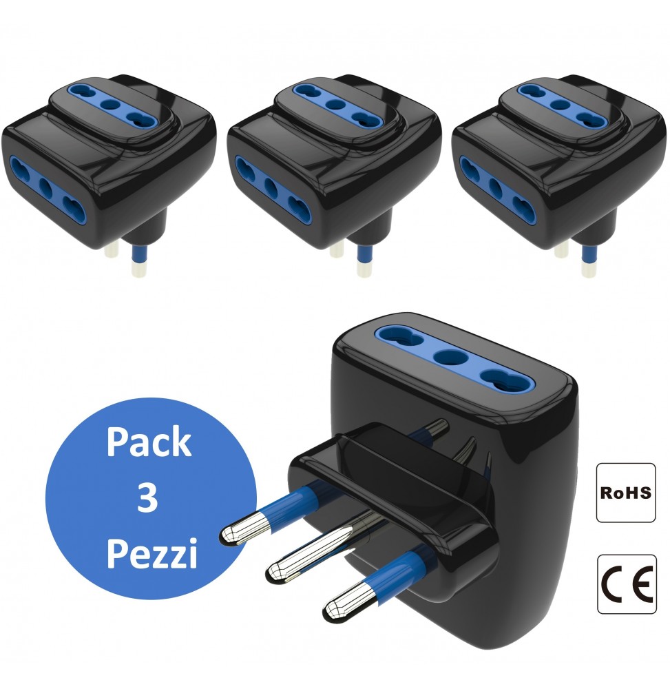 Aigostar Set 3 Adattatori Tripla Spina 3 Vie Bipasso 16A 1500W Nero