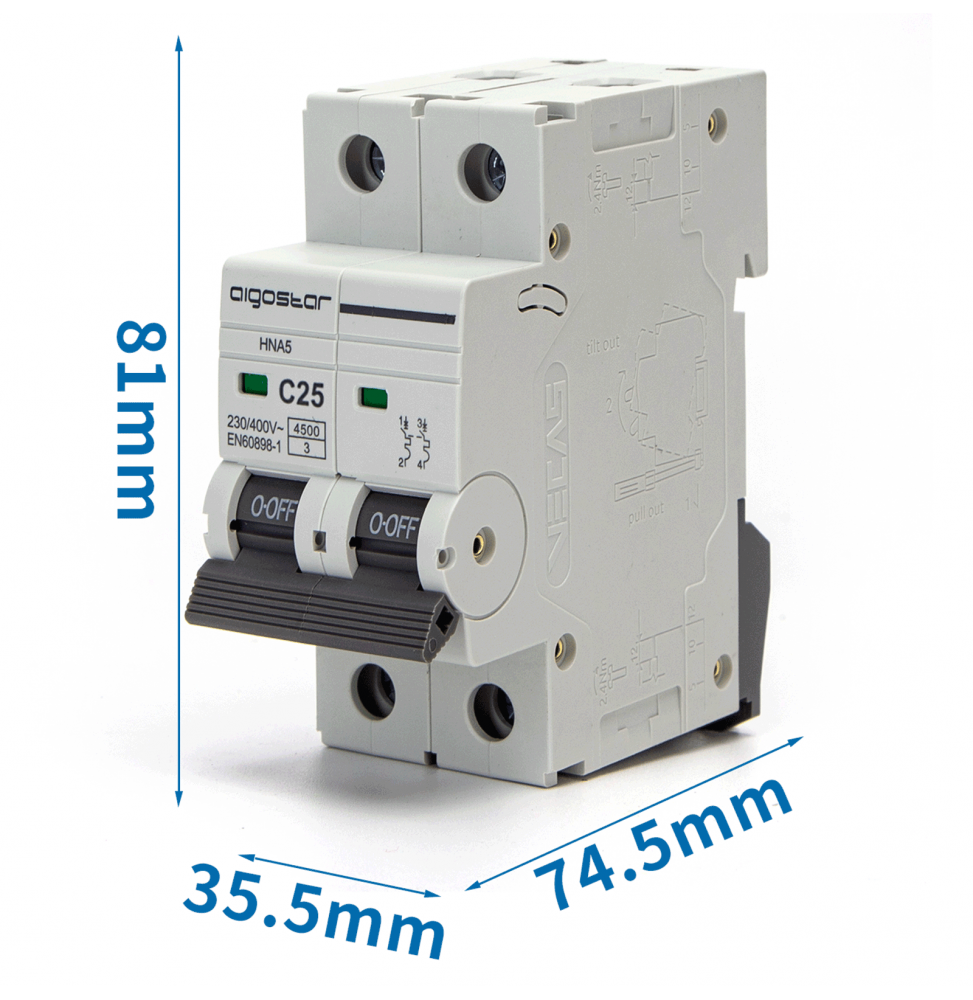 Interruttore Magnetotermico Aigostar 25A 2P Curva C Guida 35mm