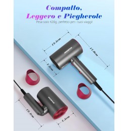 Aigostar Asciugacapelli Viaggio 1800W Professionale Pieghevole 3 Livelli