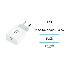 Unico Caricabatteria Rete USB-C PD 20W Fast Charger Bianco 3A Uscita Stabile