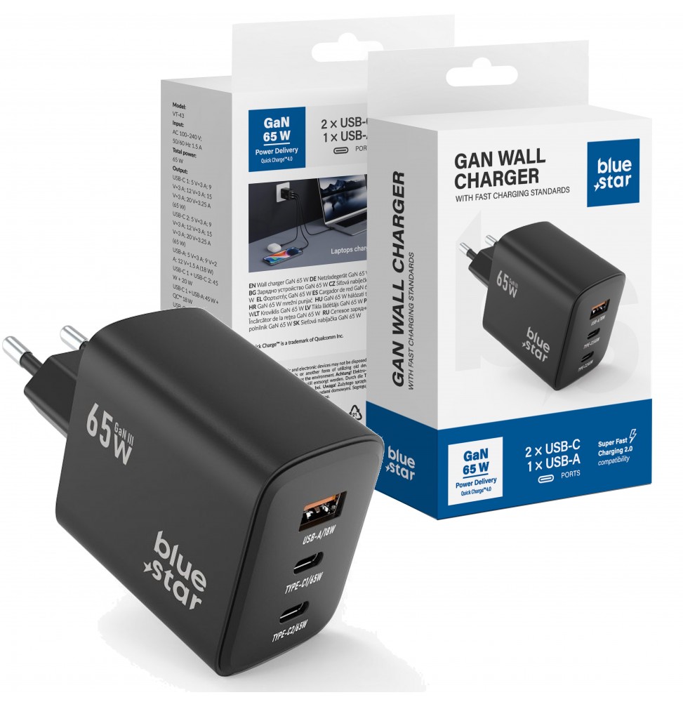 BLUE STAR CARICATORE RAPIDO UNIVERSALE  65W GaN 2 USB C + USB A QC4.0 PD 4A