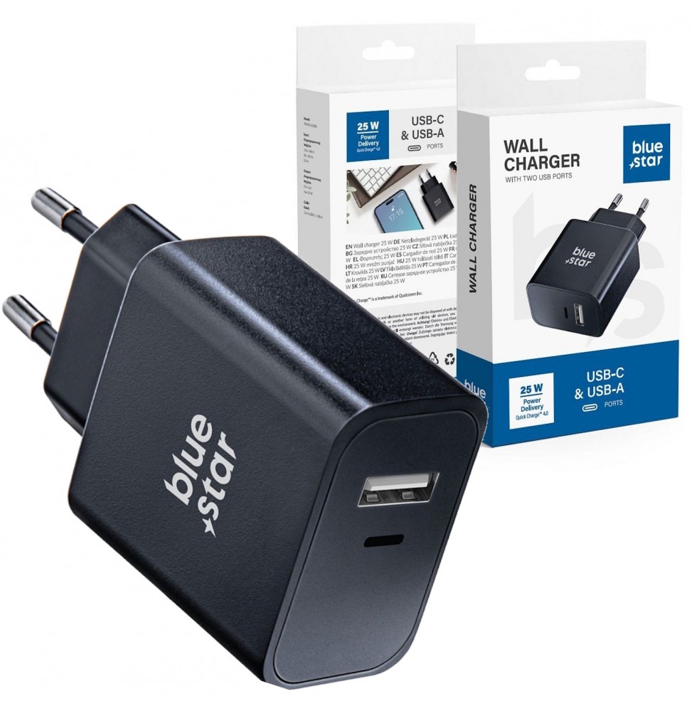 BLUE STAR CARICATORE RAPIDO UNIVERSALE 25WATT PD USB C + USB A QC4.0 3A TFB-TC