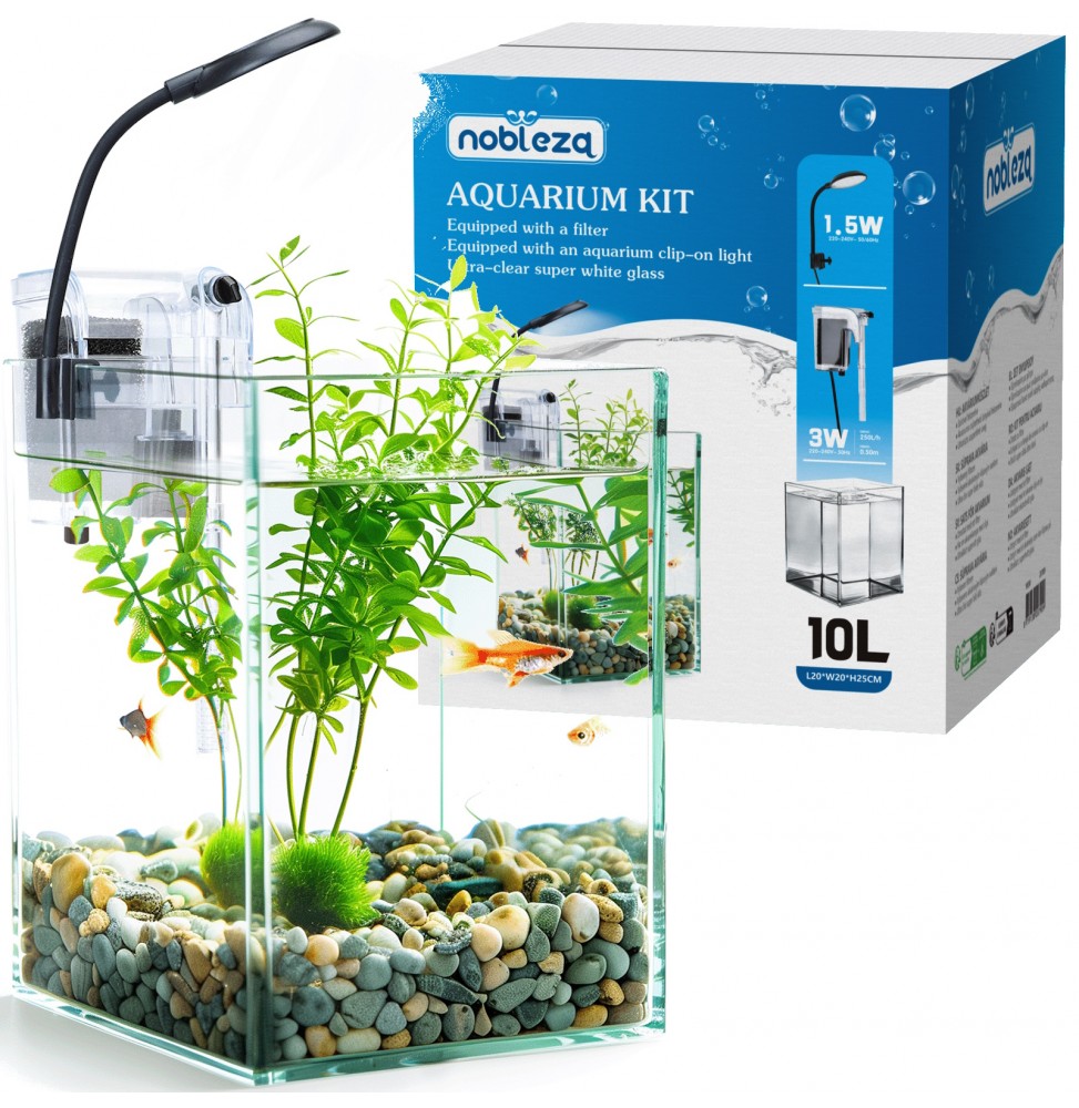 Nobleza Nano Acquario 10L Vetro Extra Chiaro Filtro 250L/h Luce LED 1.5W