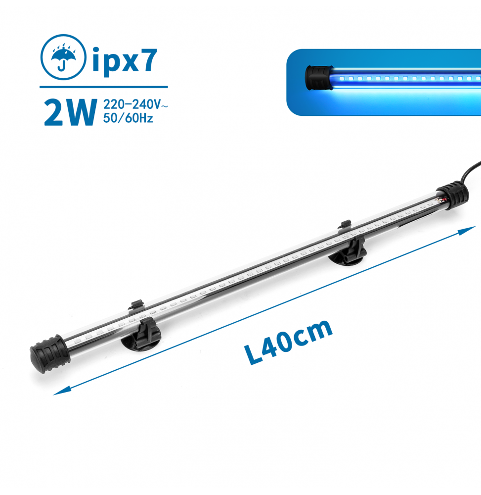 Nobleza Lampada LED Acquario Immersione 40cm Luce Blu 2W IPX7 a Ventosa