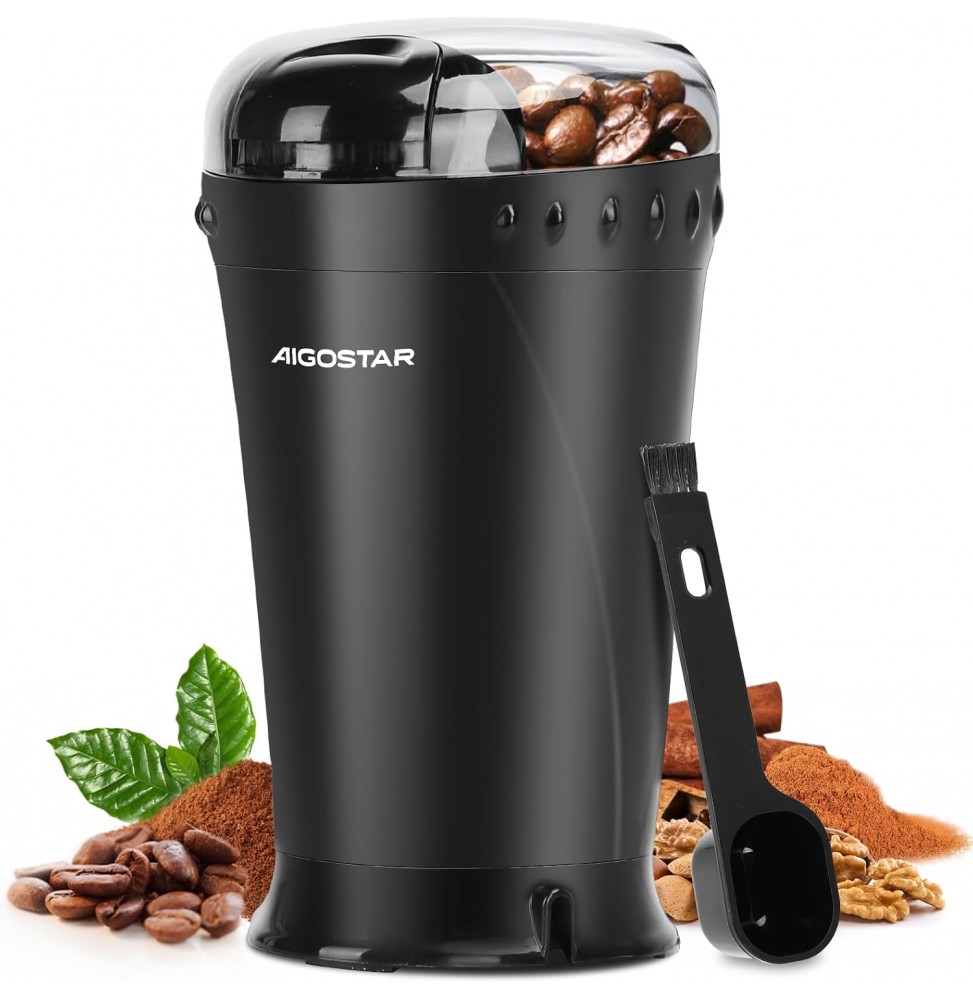 Aigostar Macinacaffè Elettrico 200W | Lame Inox | 60g | Nero/Trasparente