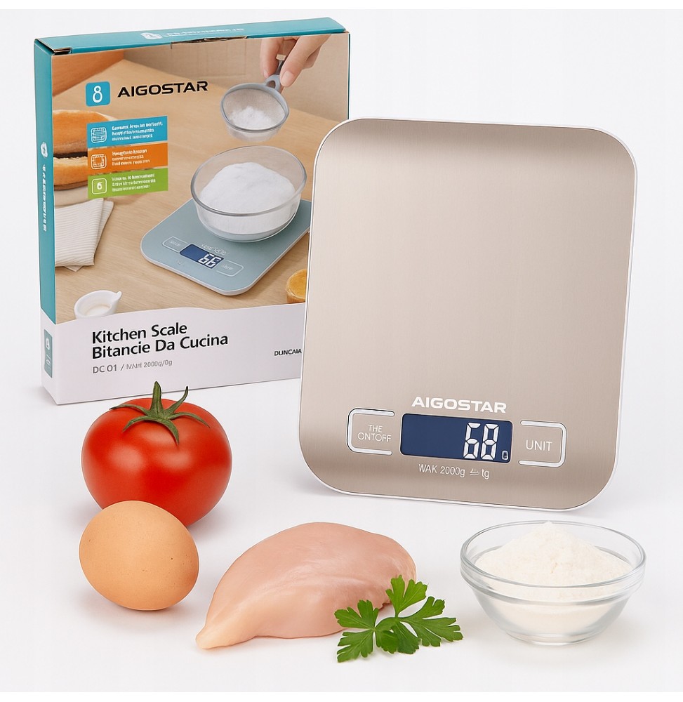 Aigostar Bilancia da Cucina Digitale 5 Kg in Acciaio Inox – Funzione Tara, Display LCD, 4 Unità di Misura