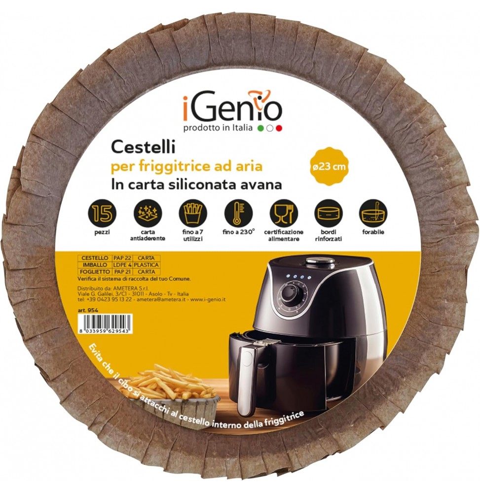 IGenio 954 Cestelli Carta Siliconata Per Friggitrice Ad Aria Ø 23 Cm 15 Pz