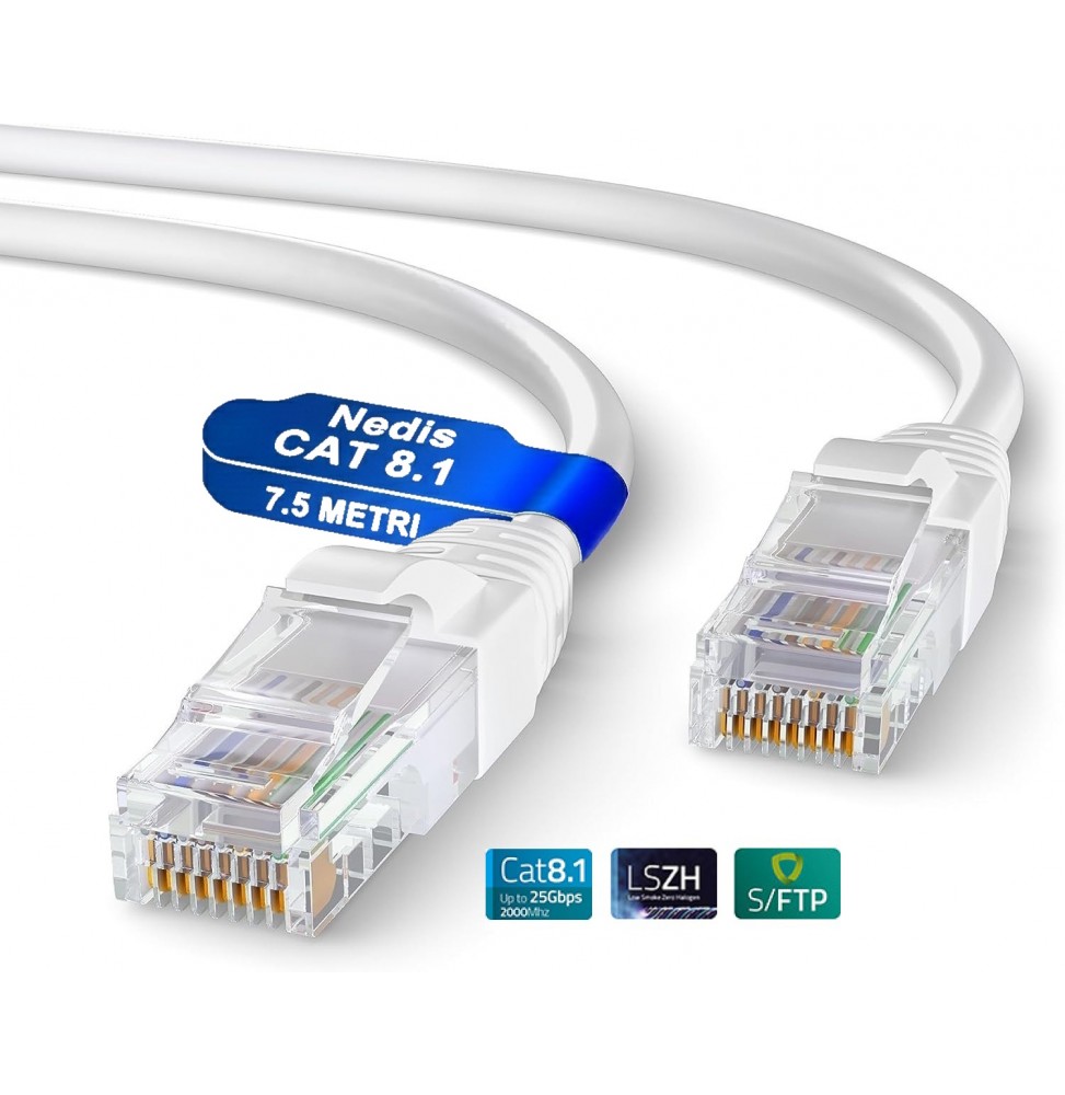 Nedis Cavo di Rete Ethernet CAT8.1 7,5 Metri RJ45 UTP Bianco Professionale