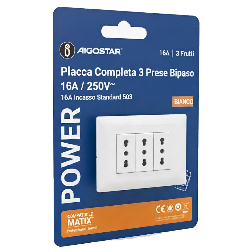 Aigostar Placca Placchetta Completa 3 Posti 3 Prese Bipasso 16a Incasso 503