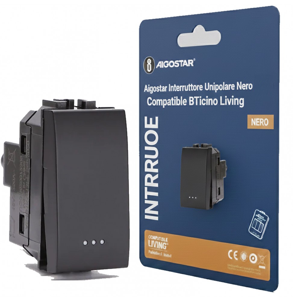 Aigostar Interruttore Unipolare Nero Tipo Italiano Compatibile BTicino Living