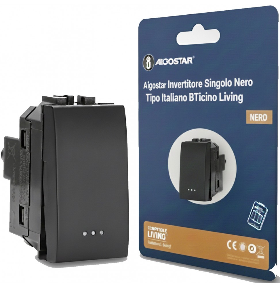 Aigostar Pulsante Invertitore Nero Tipo Italiano 16AX Compatibile BTicino Living