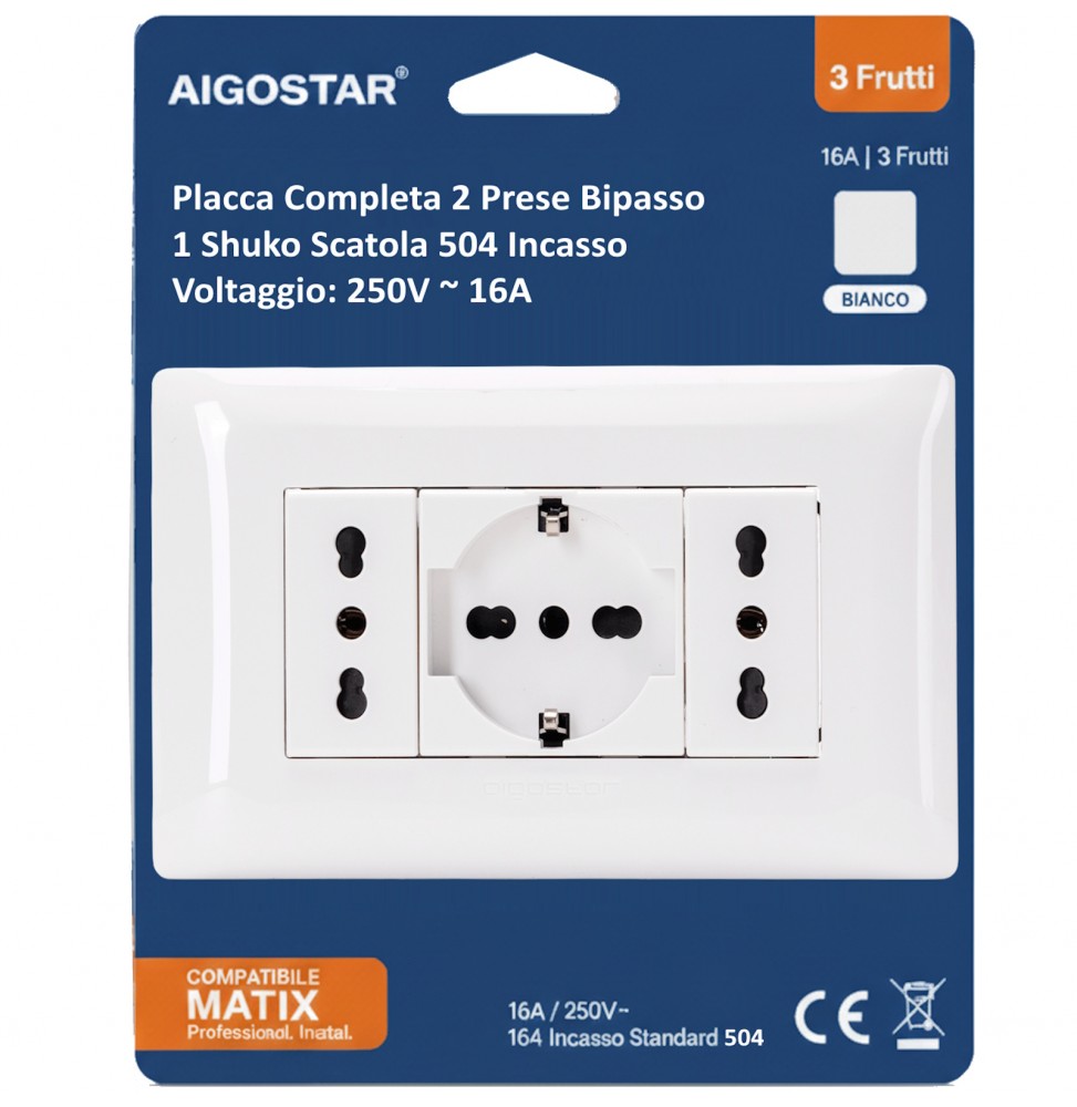 Aigostar Placca Placchetta Completa 2 Prese Bipasso 1 Shuko Incasso 504