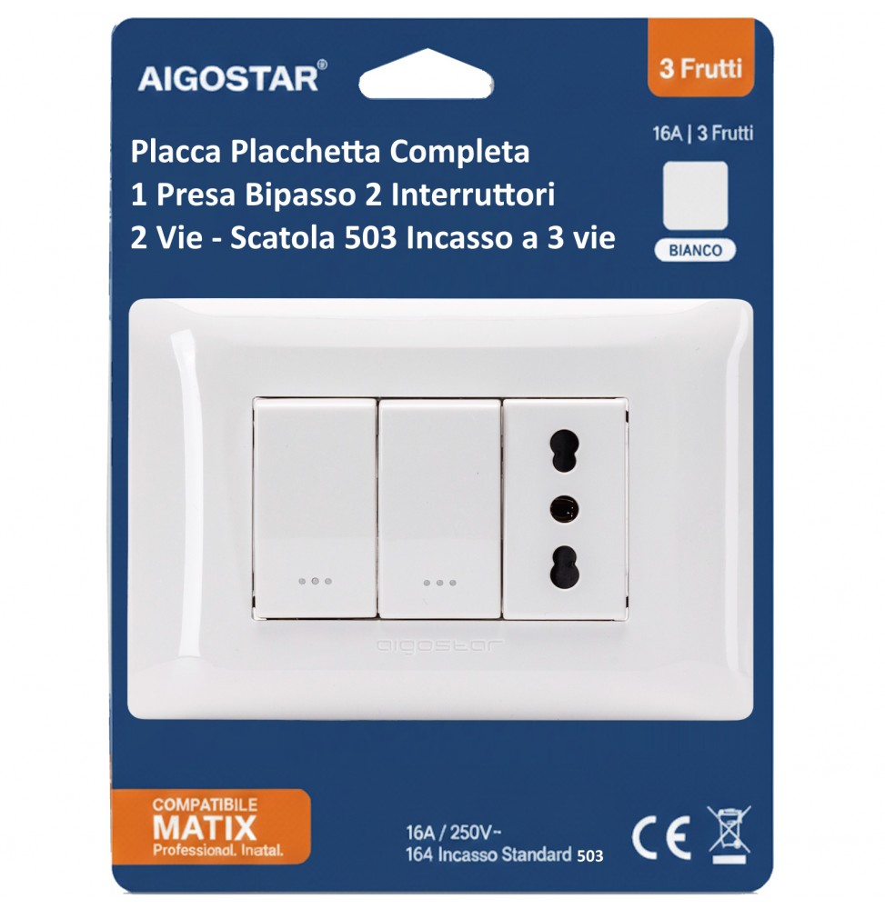 Aigostar Placca Placchetta Completa 3 Posti 2 Interruttori 2 Vie 1 Presa 503