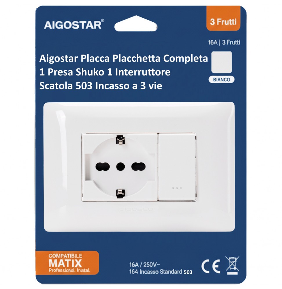 Aigostar Placca Placchetta Completa Shuko Interruttore 16a Incasso 503